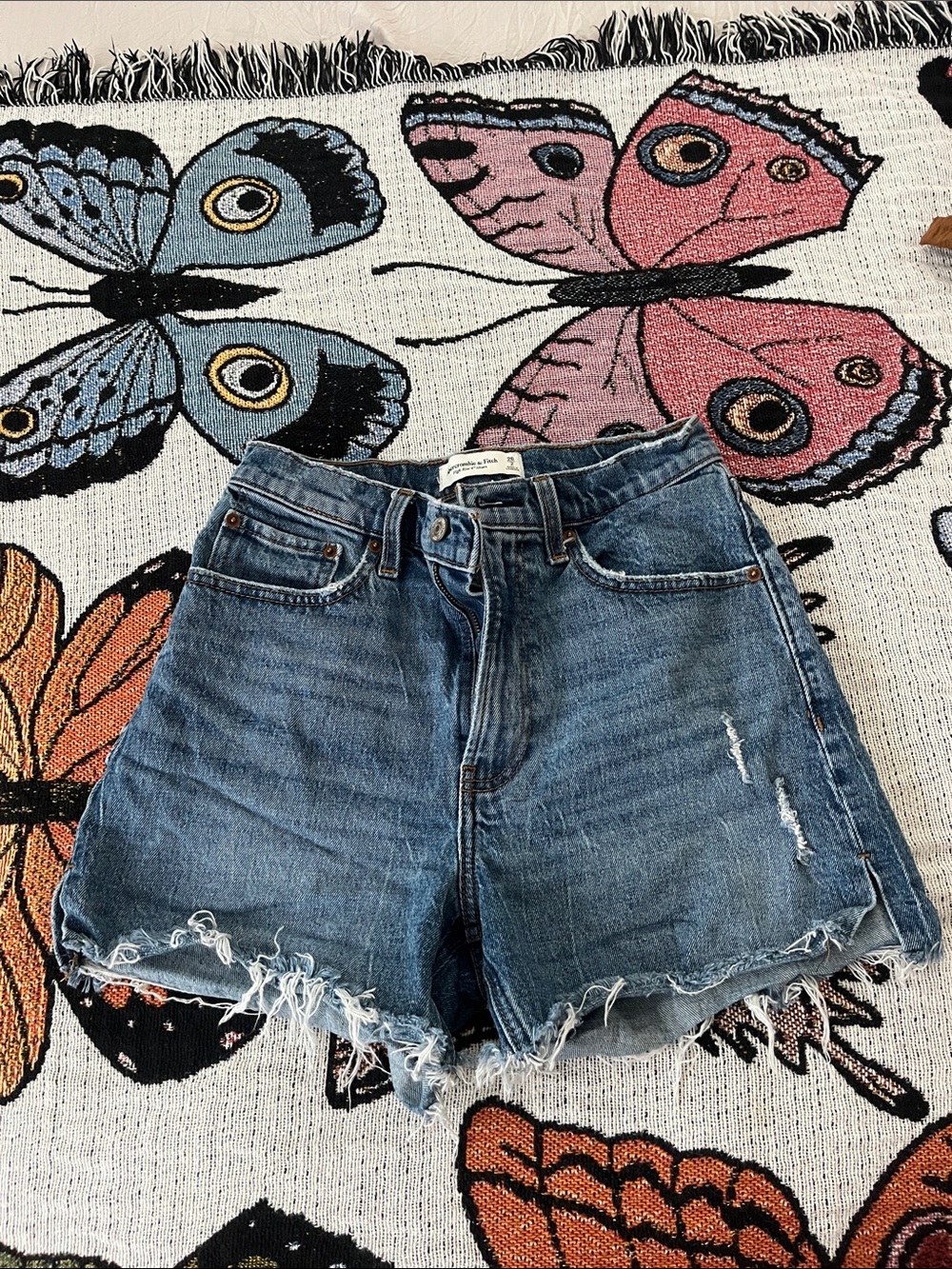 Abercrombie & Fitch Frayed Hem Mid-Blue Denim Shorts